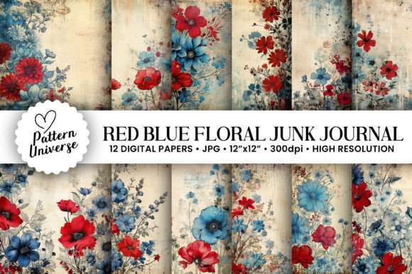 Elevate Your Projects with Red Blue Floral Junk Journal Backgrounds